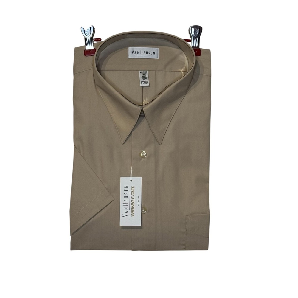Van Heusen Mens Poplin Dress Shirt Wrinkle Free Button Half Sleeve Tan 17/XL NWT